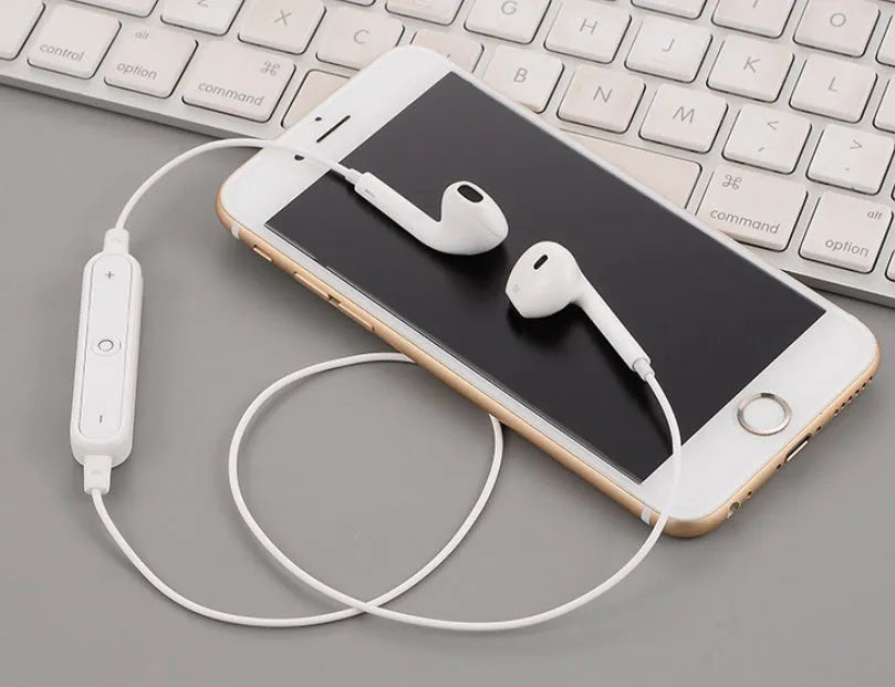 Wireless Bluetooth headset compatible with iPhone 7 and 6 models in black, white, gold, or silver.