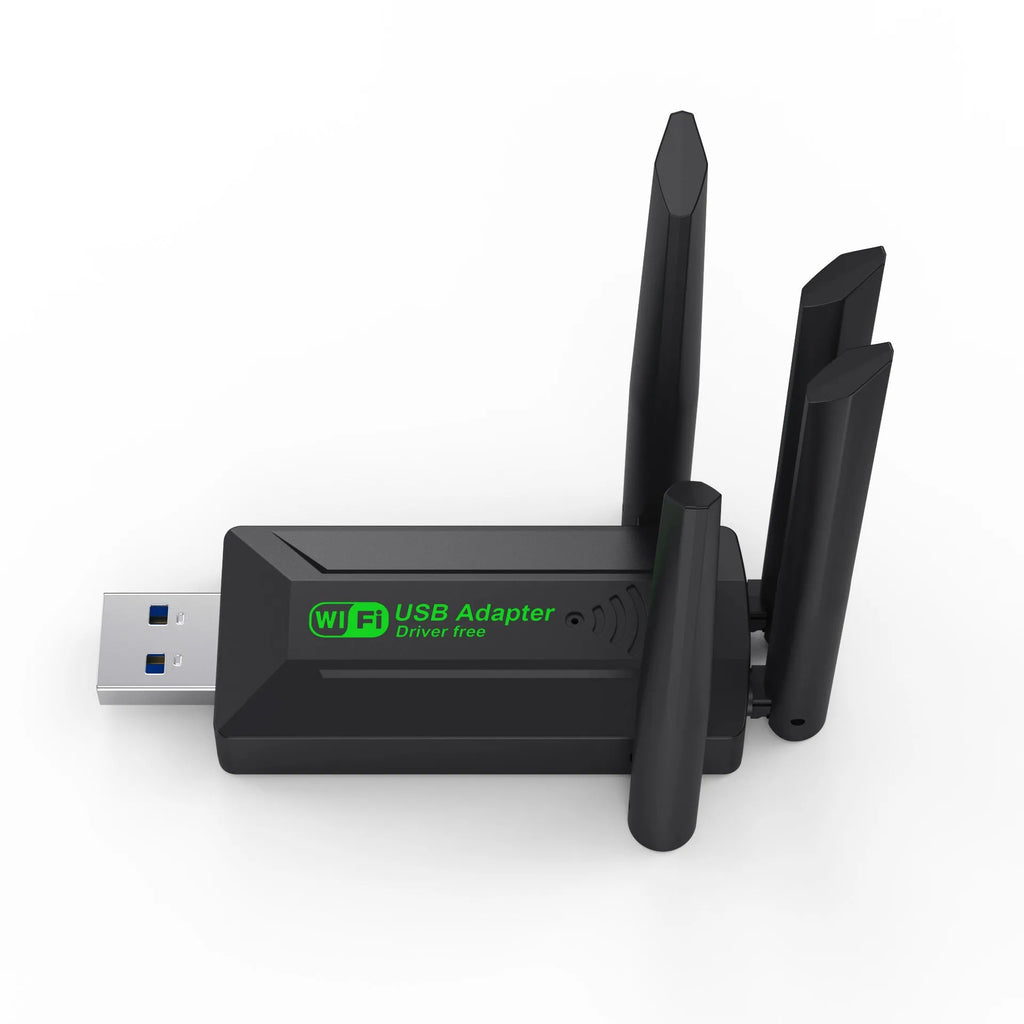 Black USB network transmitter with four adjustable antennas for computer wireless signal enhancement