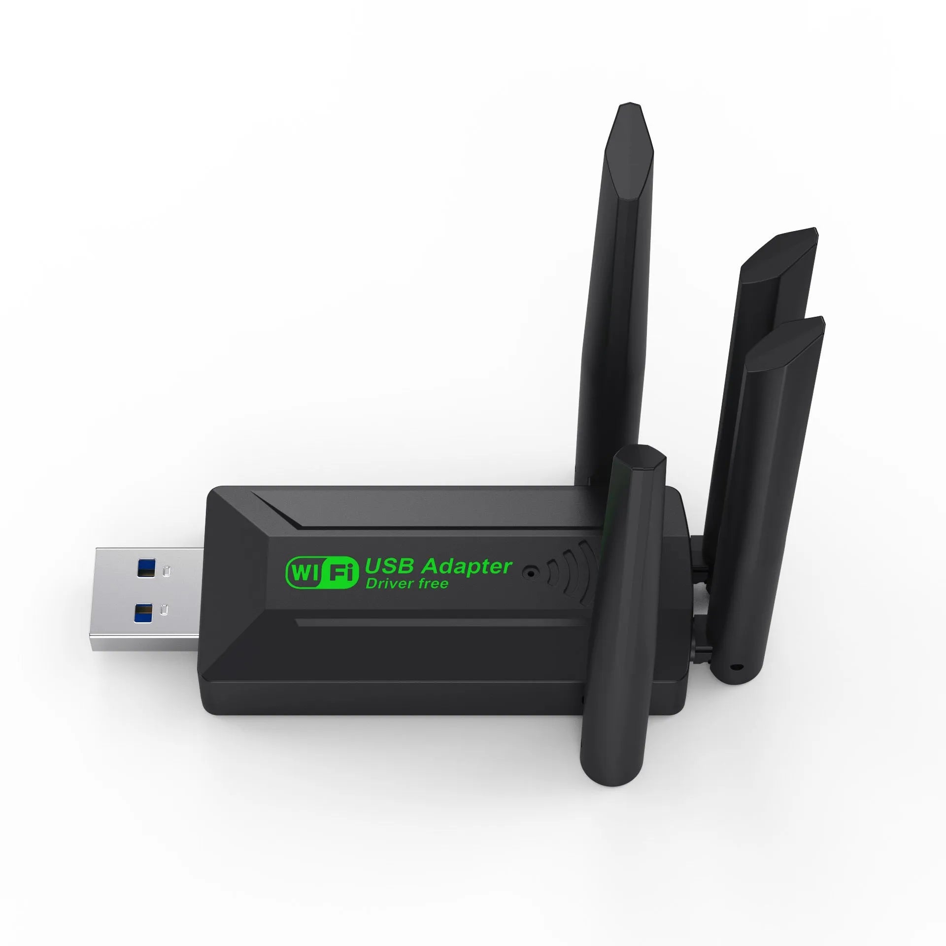 Black USB network transmitter with four adjustable antennas for computer wireless signal enhancement