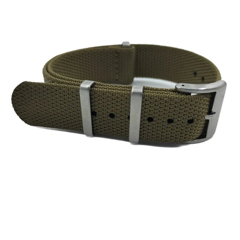 Nylon integrated watch strap shown in army green, demonstrating the 20mm width option.