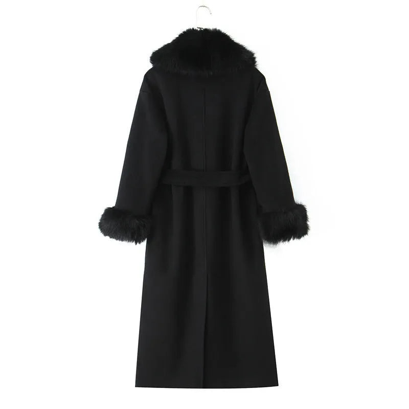 Big fur collar belt wool coat long jacket for women, pattern colour, front view with fur collar and belt
