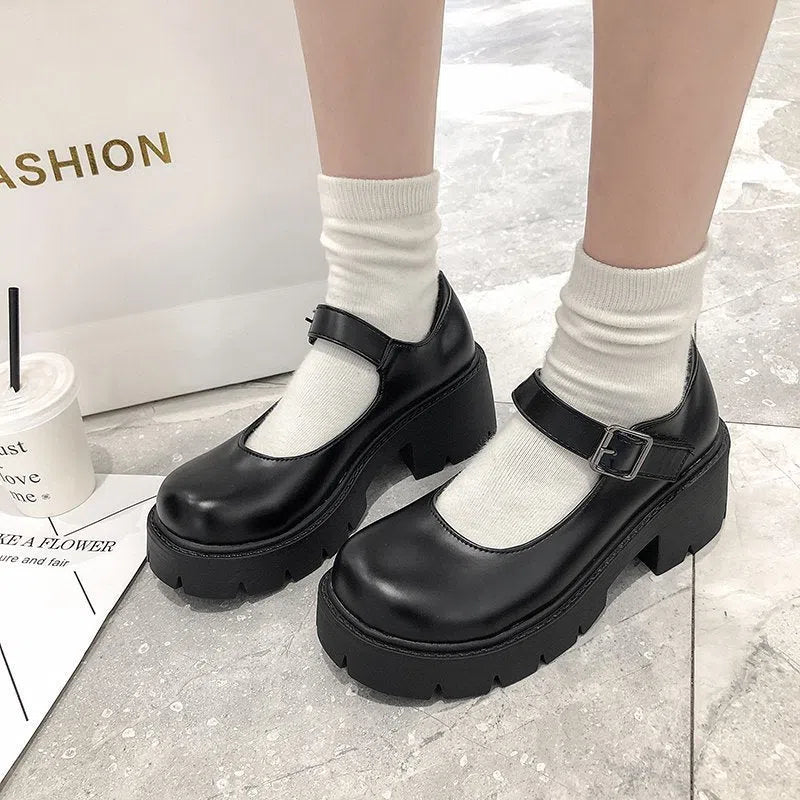 Chunky-heeled thick-soled JK uniform pumps for women with belt buckle in matte black