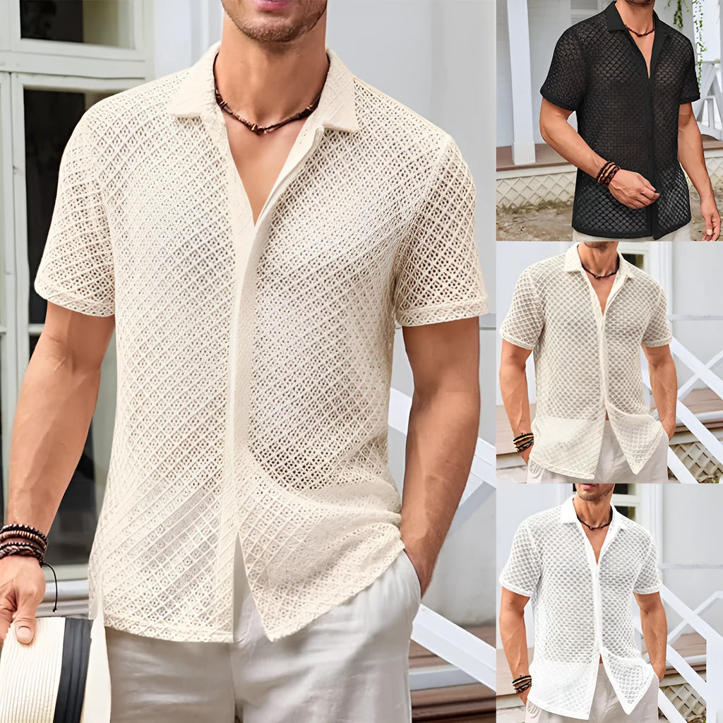 Men's solid colour short sleeve lapel cardigan shirt on a hanger