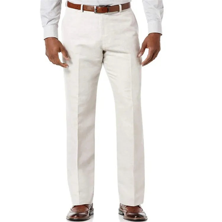 Men's solid colour linen blend trousers with slant pockets laid flat, showing beige white colour option.