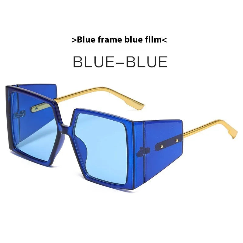 Large square frame UV400 sunglasses shown in multiple colour options including black, blue, and orange.
