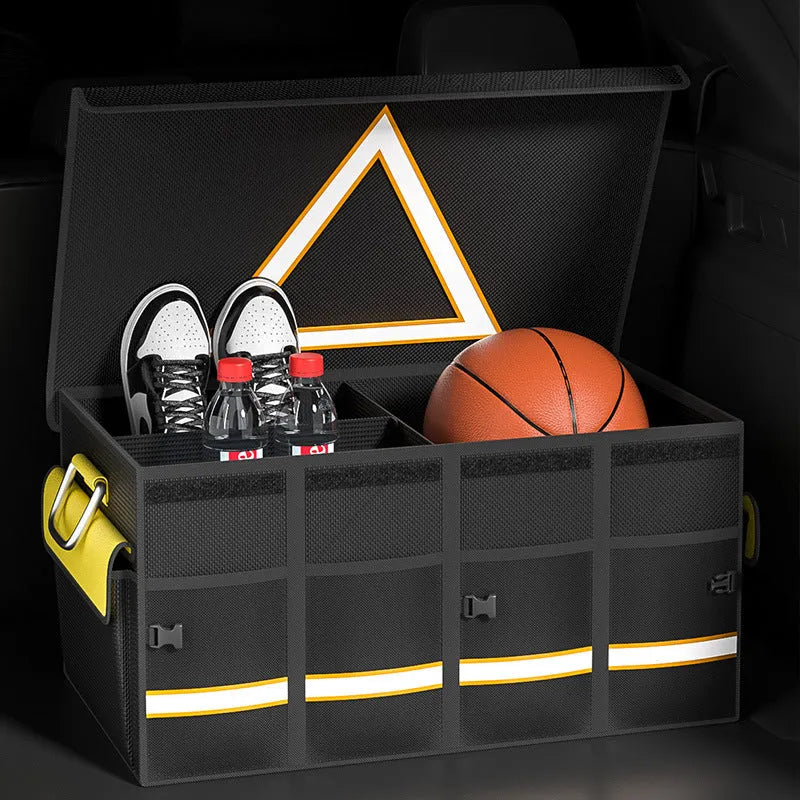 Black and yellow foldable car storage bag with handle in three capacity sizes