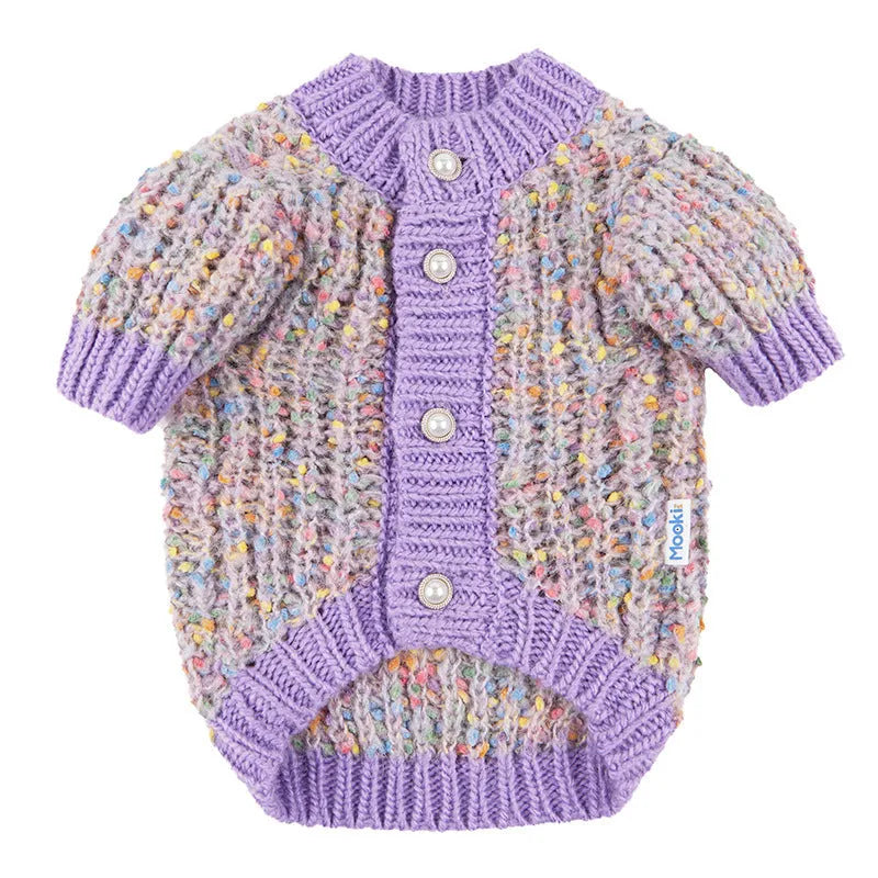 Purple dog cardigan sweater on pet model showing casual polyester construction