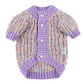 Purple dog cardigan sweater on pet model showing casual polyester construction