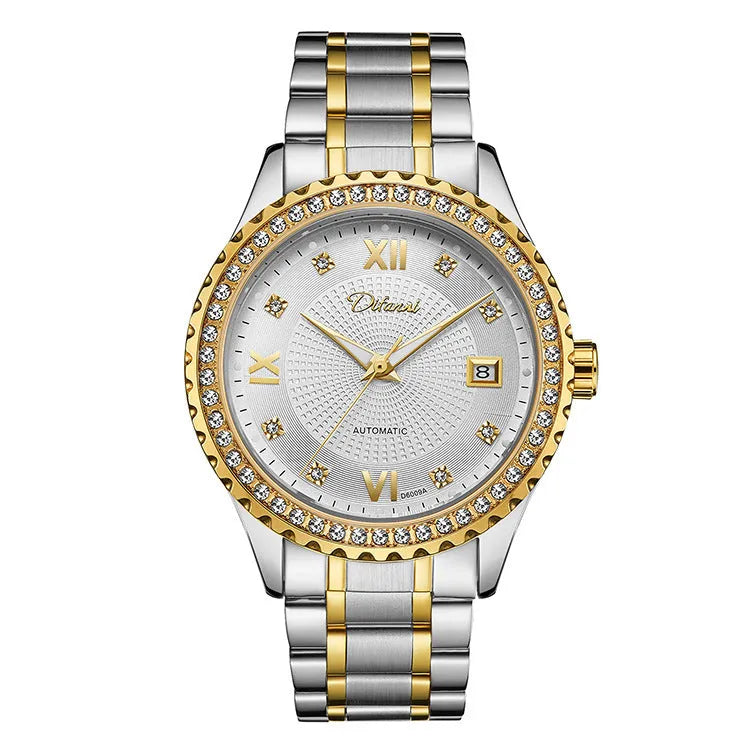 Fashionmonger gold and silver automatic mechanical watch for men with luminous hands on a black or white dial.
