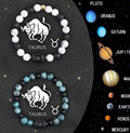Set of two natural stone beaded bracelets with zodiac signs on a stretchy elastic cord.