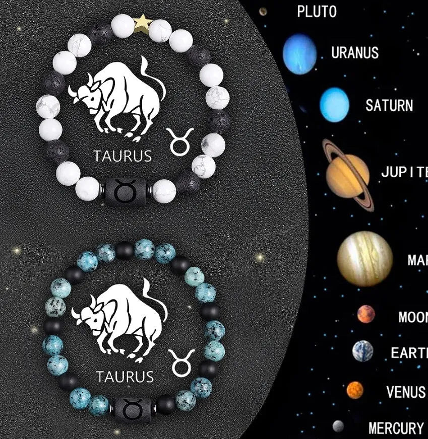 Set of two natural stone beaded bracelets with zodiac signs on a stretchy elastic cord.