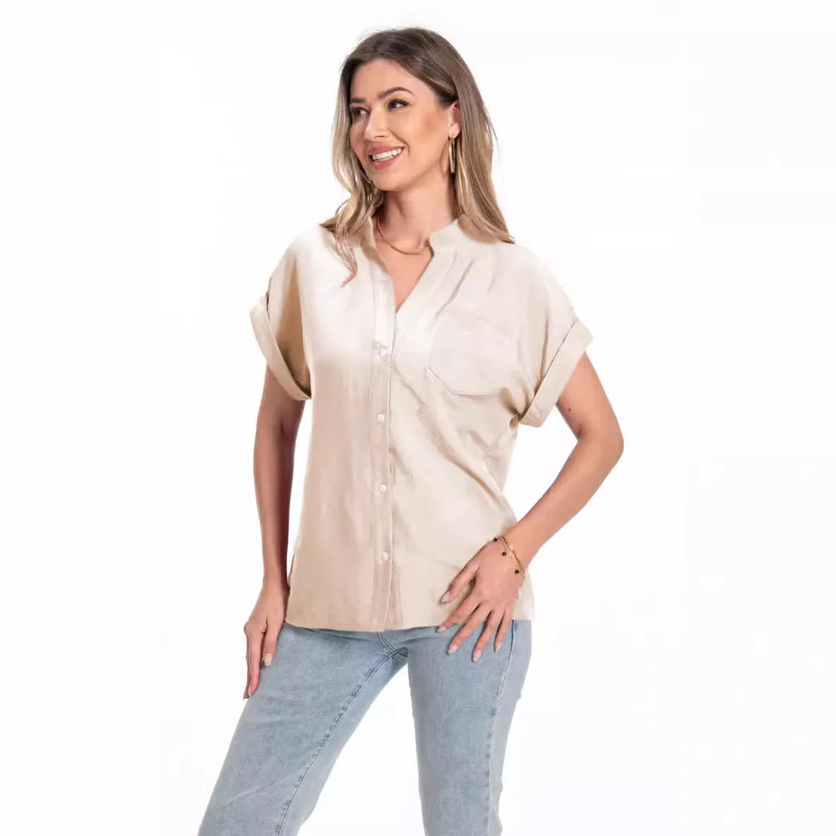 Women's loose fit short sleeve button-down top with stand collar in Army Green