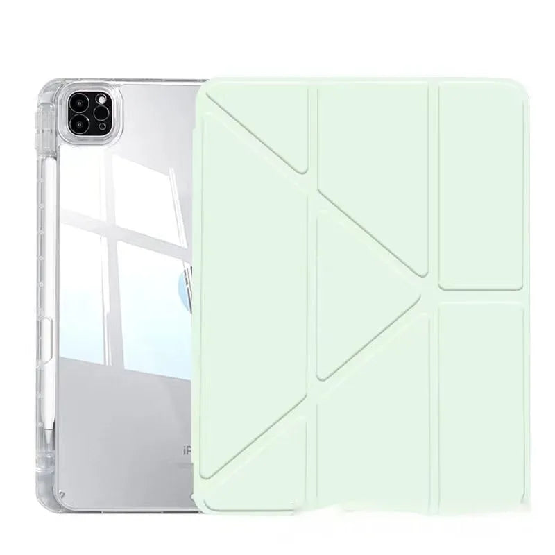 Transparent acrylic iPad protective cover with built-in folding stand in multiple colour options