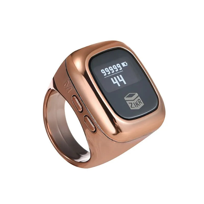 Al-Fatiha Zikr electronic counter with digital display on wrist, shown in Black, Space Gray, and Rose Gold colour options.