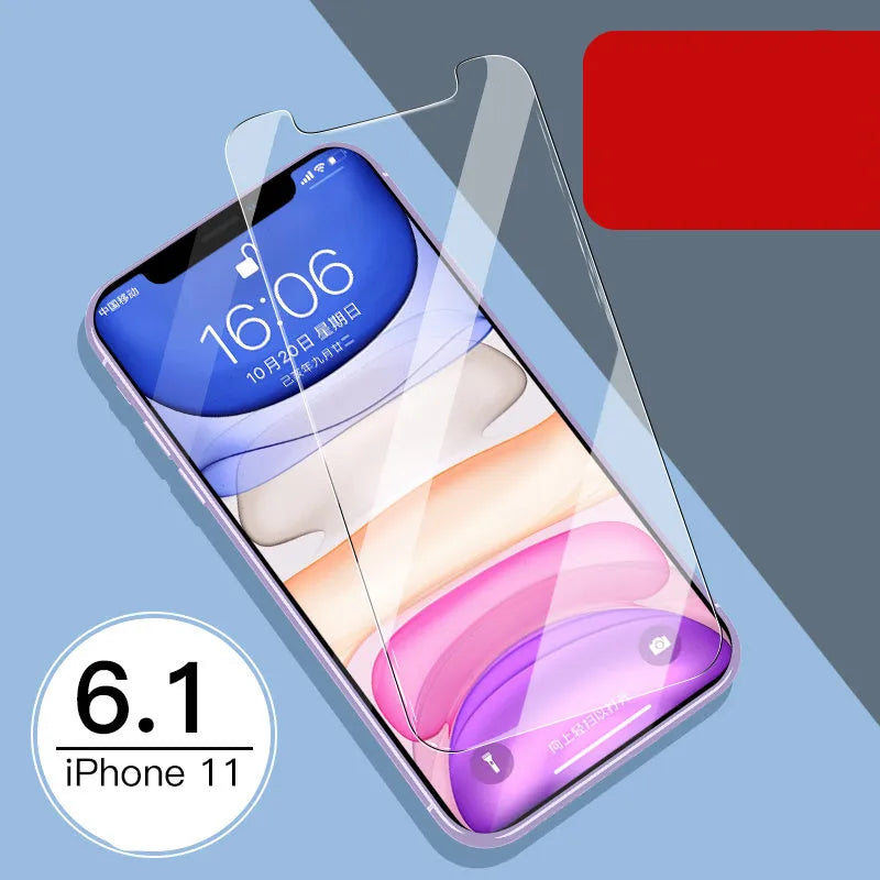 iPhone tempered glass screen protector set showing front and rear films for 11, X, and XR models.