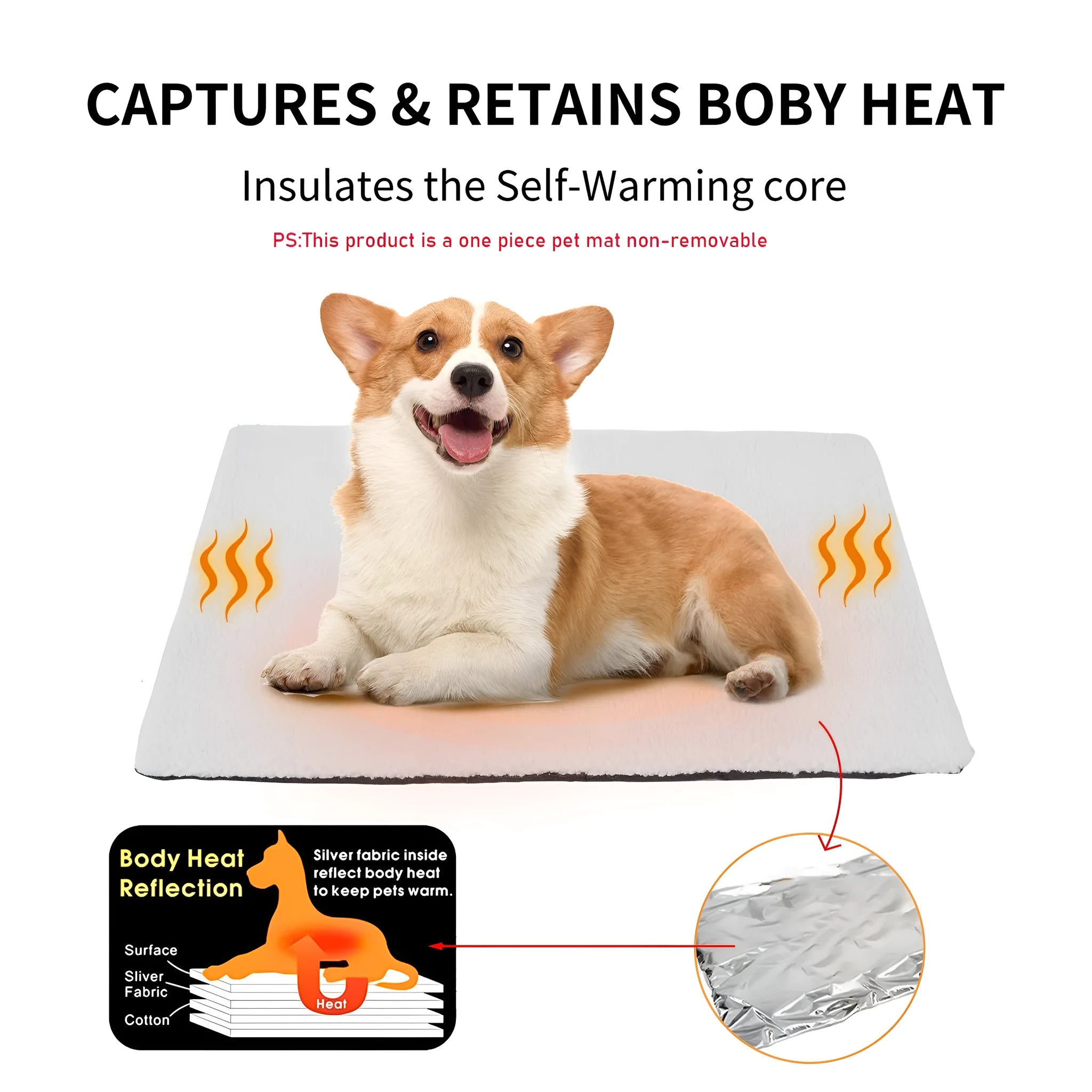 Grey self-heating pet pad for cats on floor next to measuring tape showing 95cm length