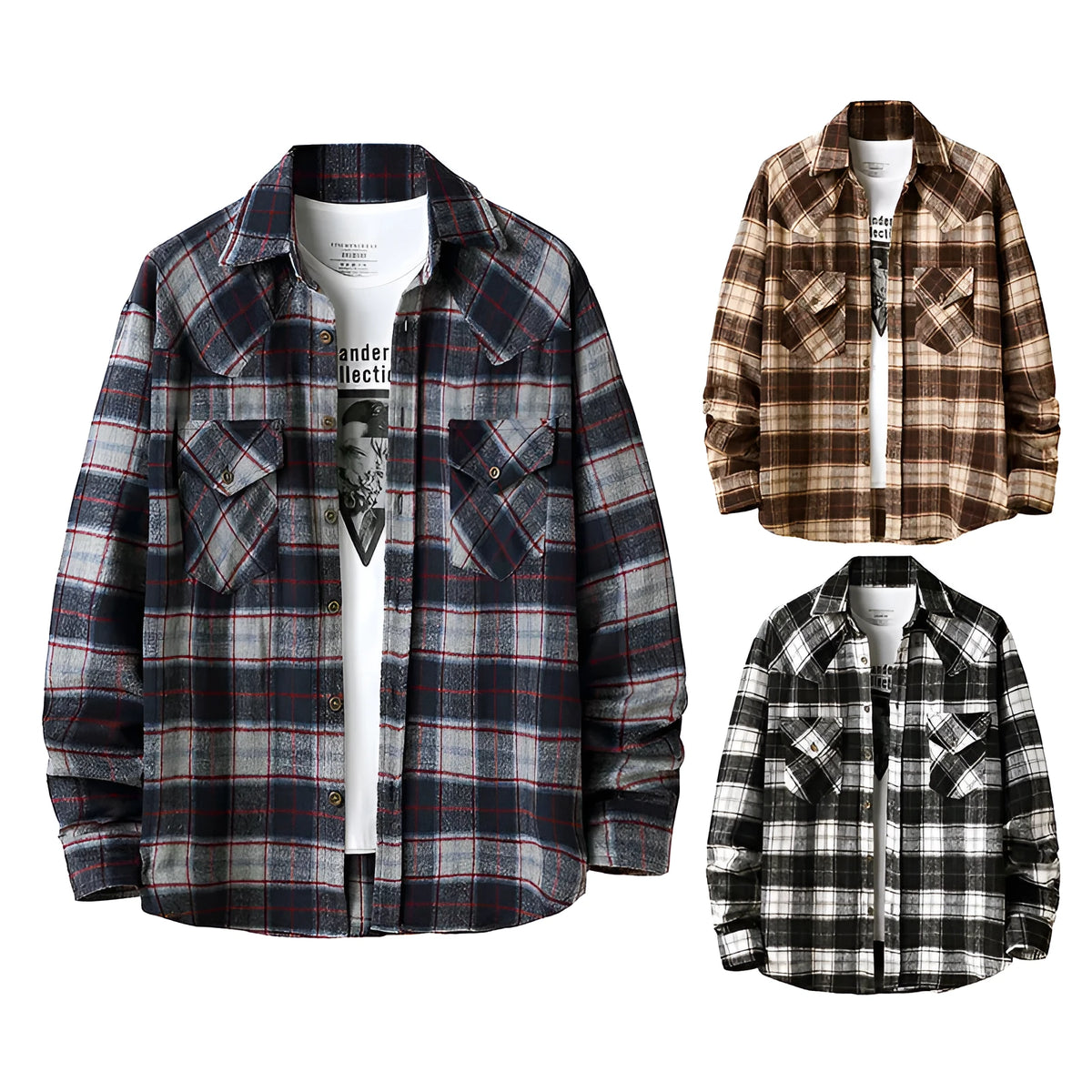 Men's long sleeve flannel plaid shirt jacket in loose fit, brushed material with corduroy collar and cuffs, black colour