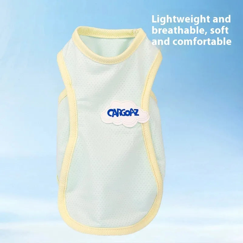 Grass green lightweight polyester vest for a cat on a summer day.