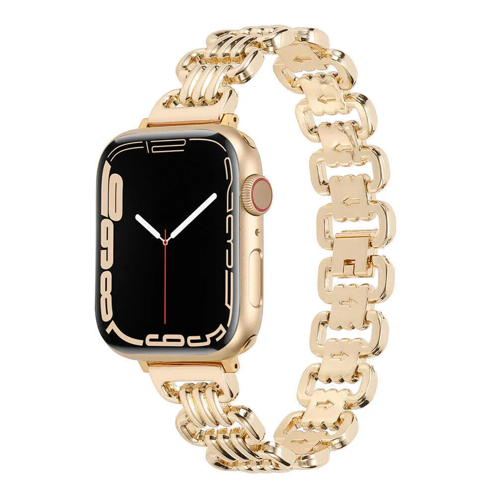 Alloy metal ladies watch bracelet for Apple Watch in various colours on a watch case