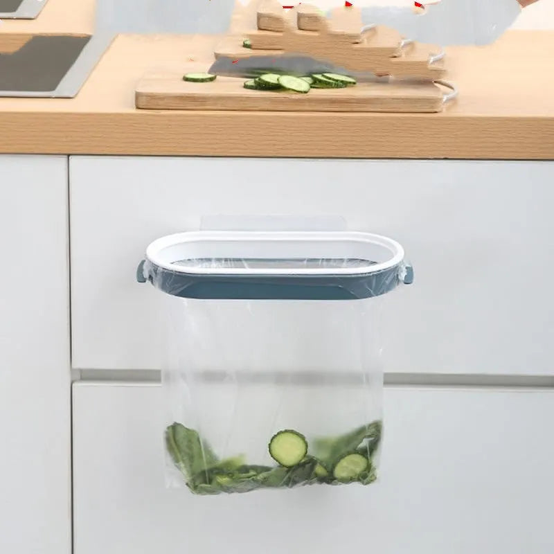 Blue plastic kitchen garbage bag storage rack for organising bin liners under sink cabinets