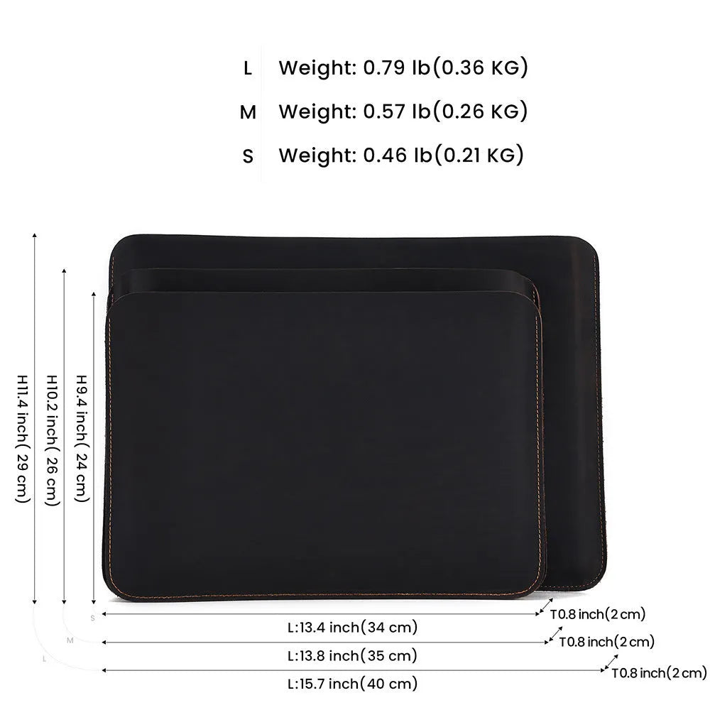 Brown crazy horse leather computer liner bag with first layer cowhide construction in L and M sizes