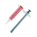 Two soft-tip pet pill shooter syringes for cats and dogs on a white background.