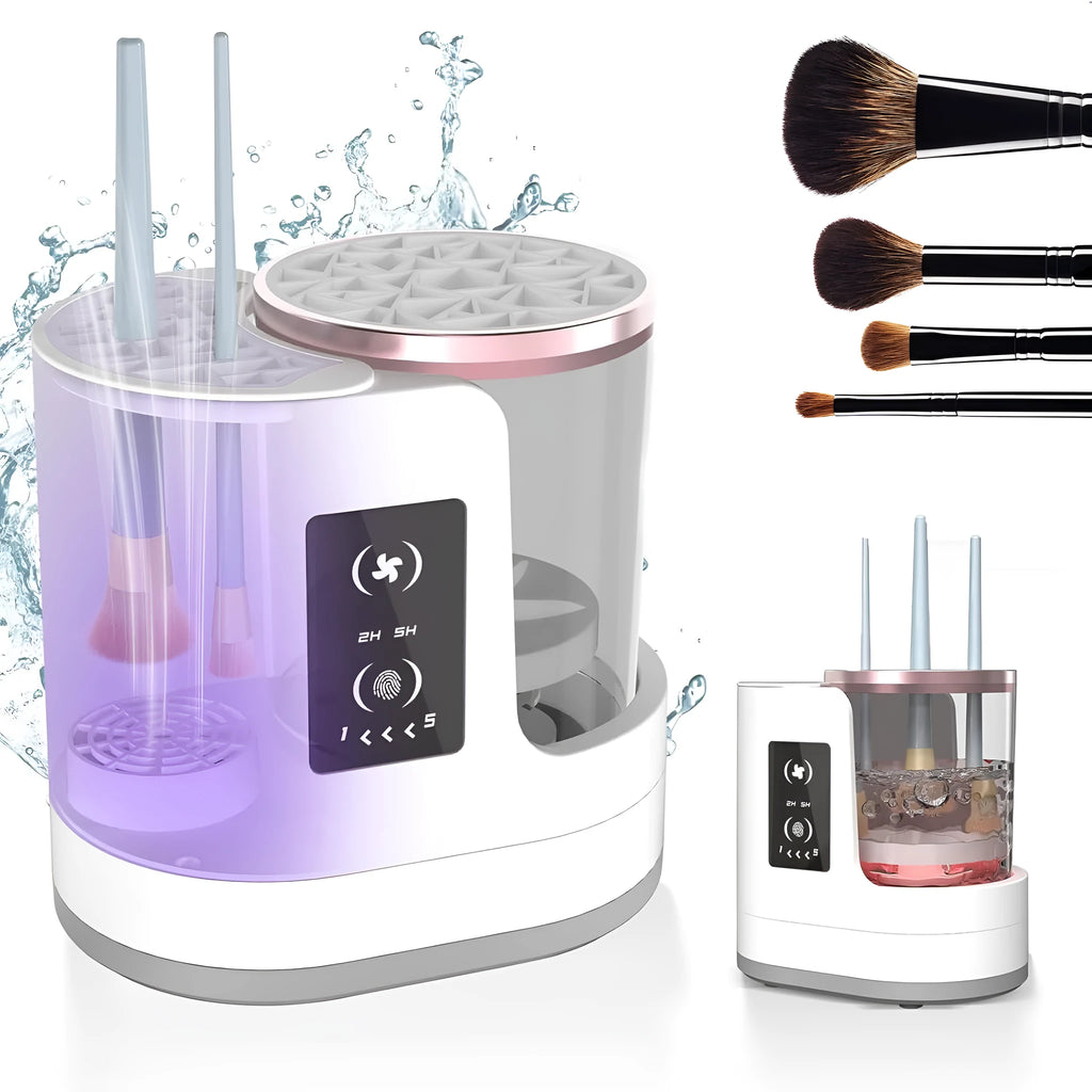 White rechargeable automatic makeup brush cleaner and dryer stand on a table