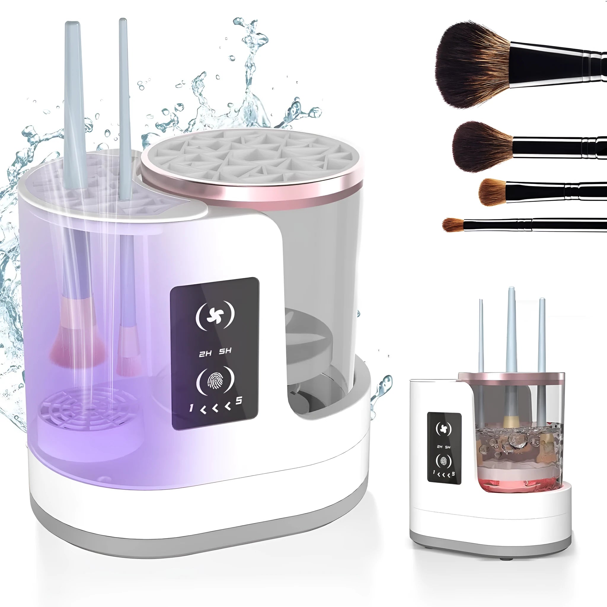 White rechargeable automatic makeup brush cleaner and dryer stand on a table
