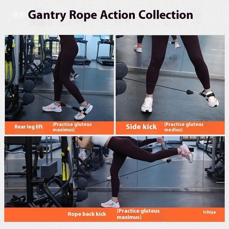 Gantry frame ankle buckle leg strength strap tension booties rope accessories in black, grey, or pink.