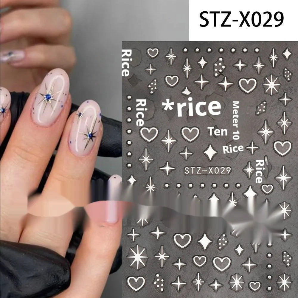 Cartoon nail art stickers sheet with black and silver love heart designs