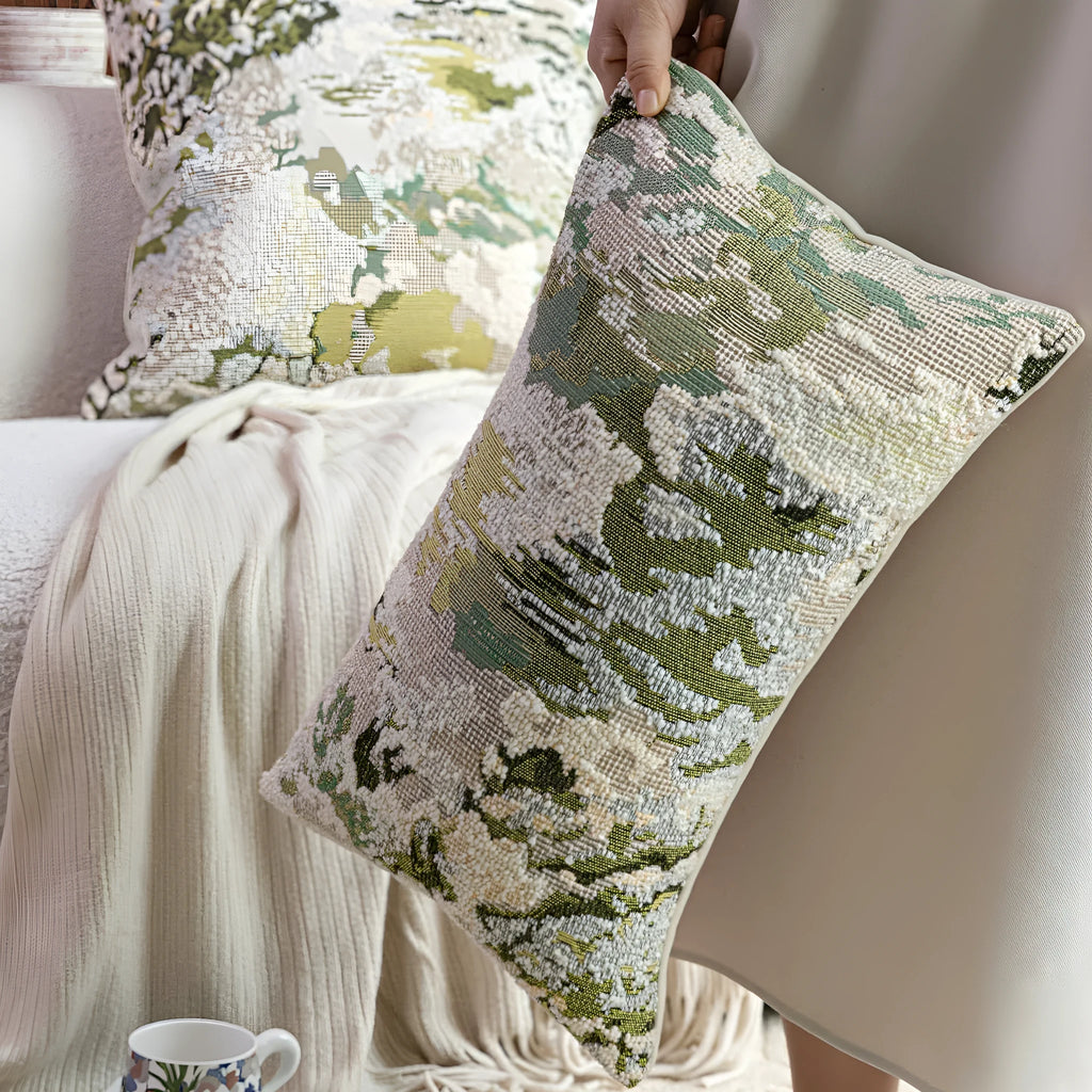 Antique green wool blend floral pillow in square and rectangular waist sizes.
