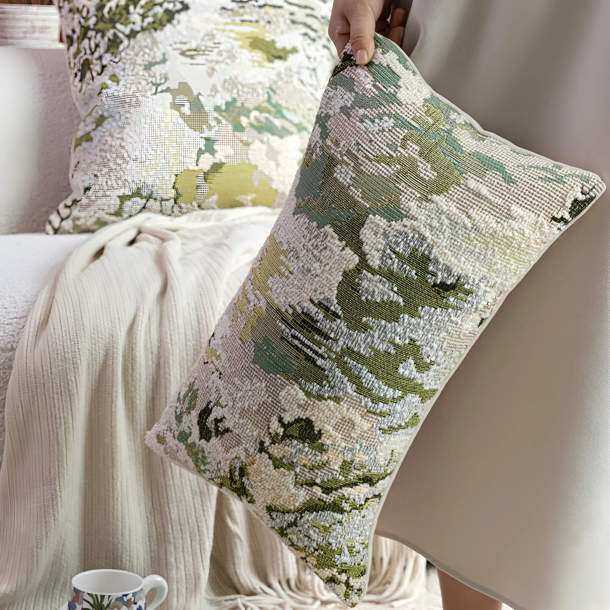 Antique green wool blend floral pillow in square and rectangular waist sizes.