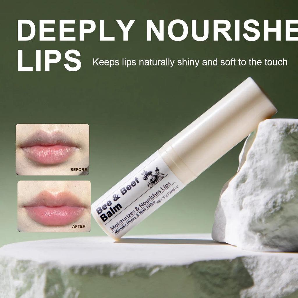Organic Grass-fed Beef Fat Lip Balm in a 5g silver tin, 83mm tall.