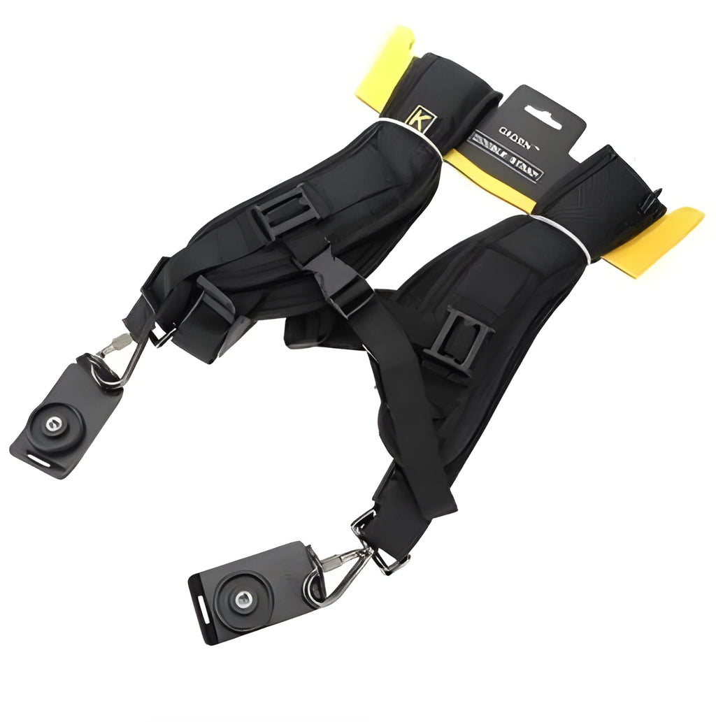 Black dual SLR camera shoulder strap with thick sponge padding and metal mounting hardware