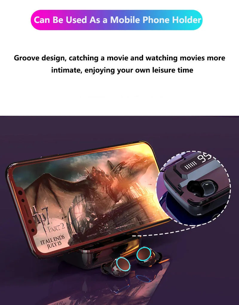 Black M11 Bluetooth wireless headset with charging case and built-in mobile phone holder