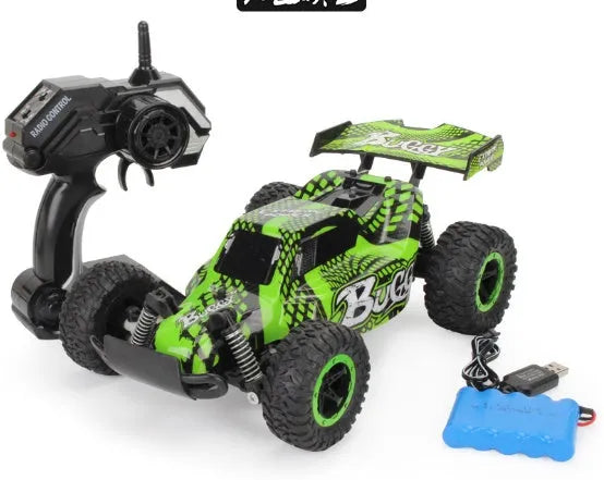 Blue 1:18 scale remote control drift car with 2.4GHz transmitter on a hard surface