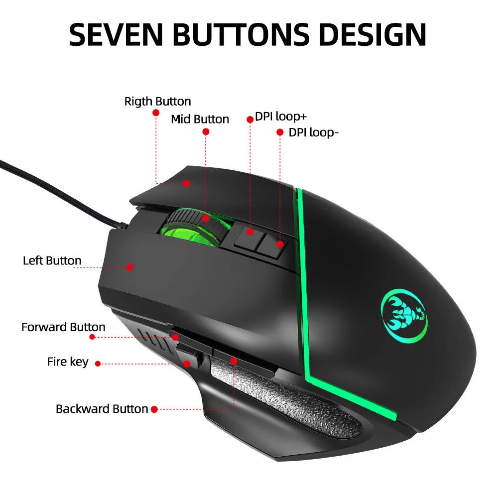 A876 black wired gaming mouse with 8 buttons and 7-colour breathing light