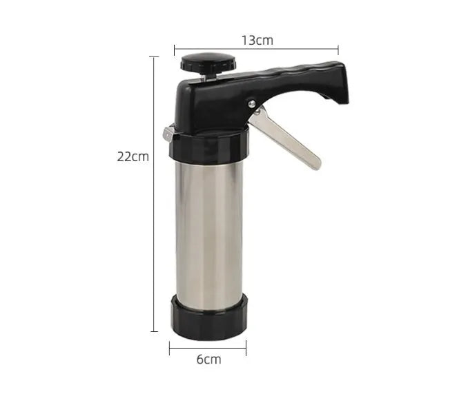 Stainless steel biscuit press machine with cookie moulds and piping nozzles in a gift box.