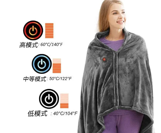 Dark grey USB heated coral fleece blanket with control button, shown folded.