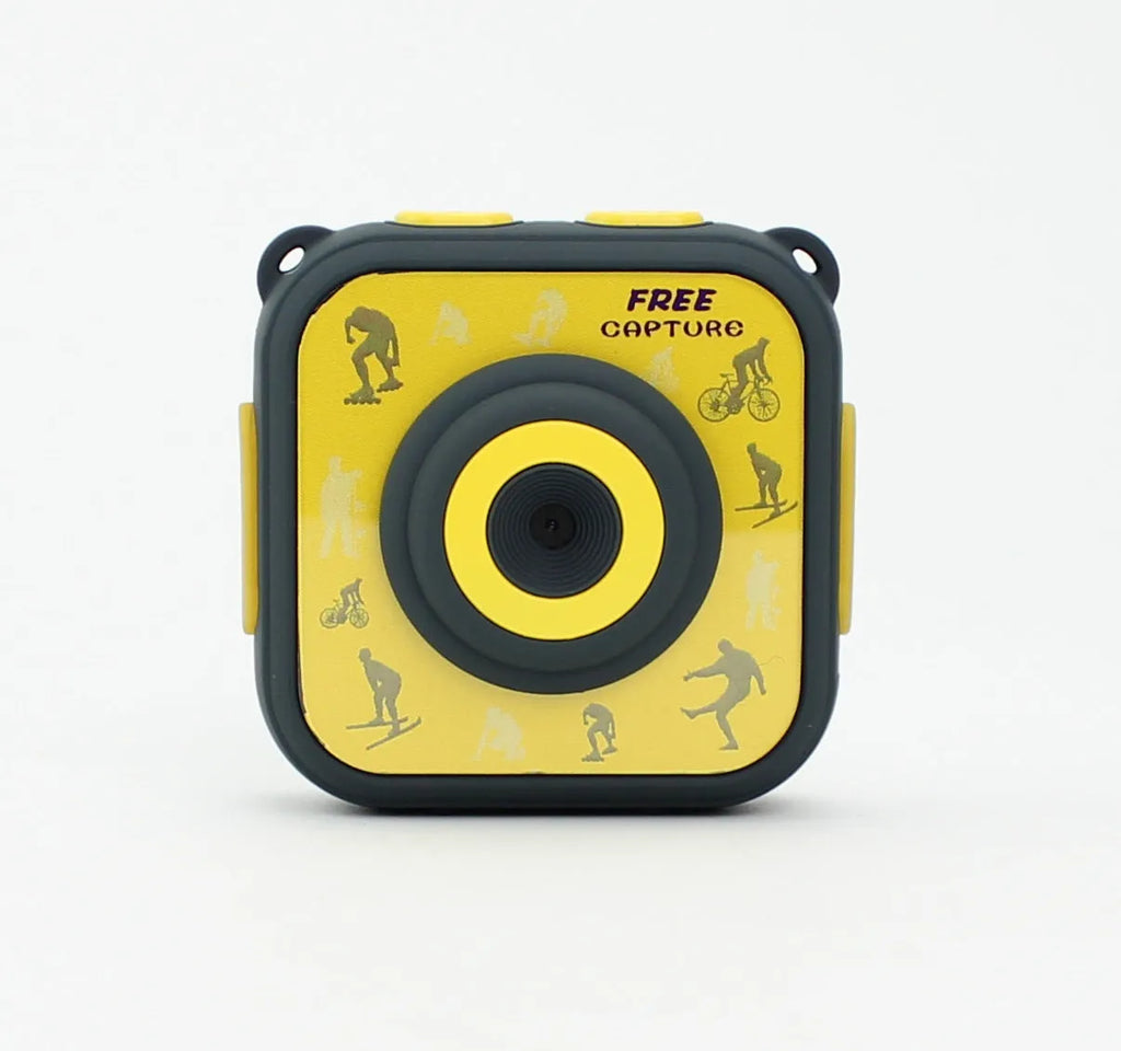 Yellow children's waterproof sports camera with 1.77-inch screen showing video playback