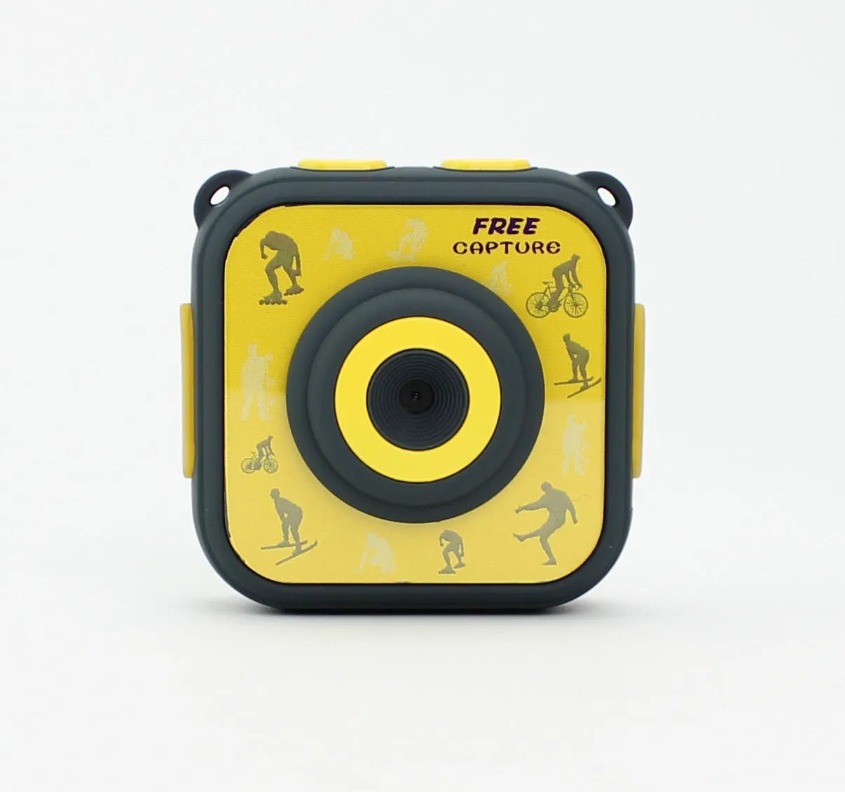 Yellow children's waterproof sports camera with 1.77-inch screen showing video playback