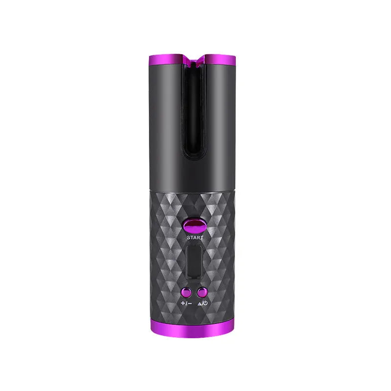 Rechargeable automatic hair curler in black with LCD display and rotating ceramic barrel