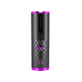 Rechargeable automatic hair curler in black with LCD display and rotating ceramic barrel