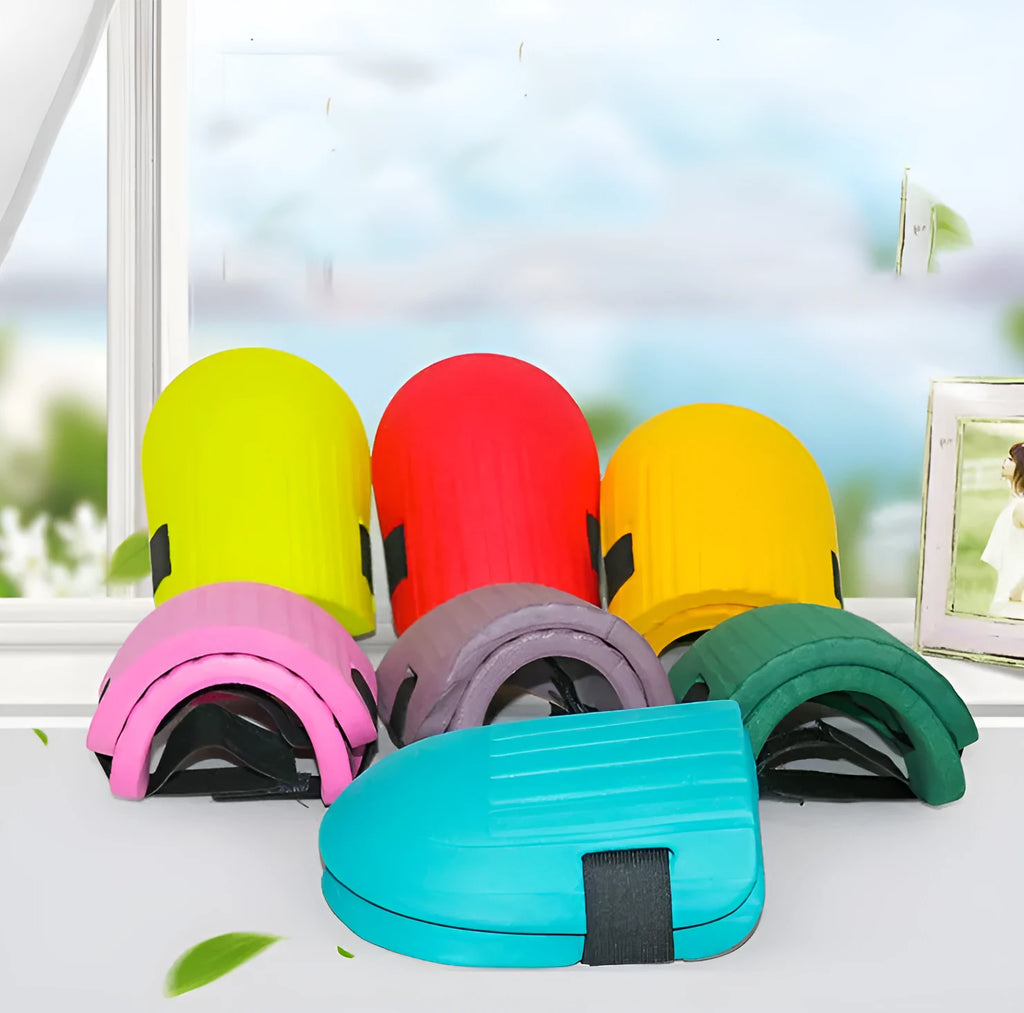 A pair of black EVA foam knee pads for gardening, showing their size and simple design.