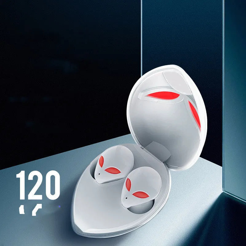 Creative Outer T8 Starman alien design wireless earbuds in red and blue with charging case.