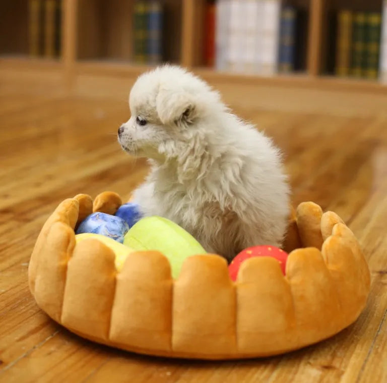 Fruit egg tart shaped pet bed in plush cashmere and PP cotton, 42x42cm, with removable cushion