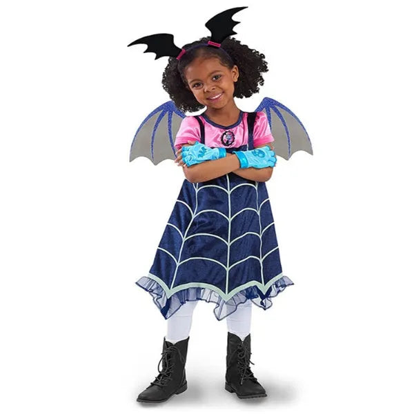 Plain blue cotton princess Halloween dress for toddler girl on hanger, showing short sleeves and simple design.
