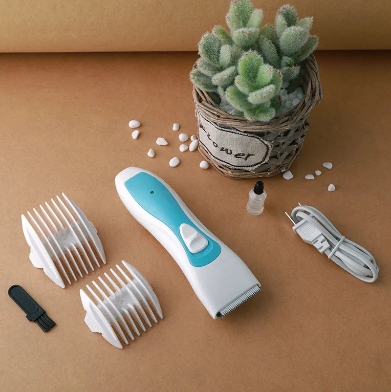 White dog shaver pet electric clipper with ceramic and stainless steel blade, two combs, battery, lubricant, and brush