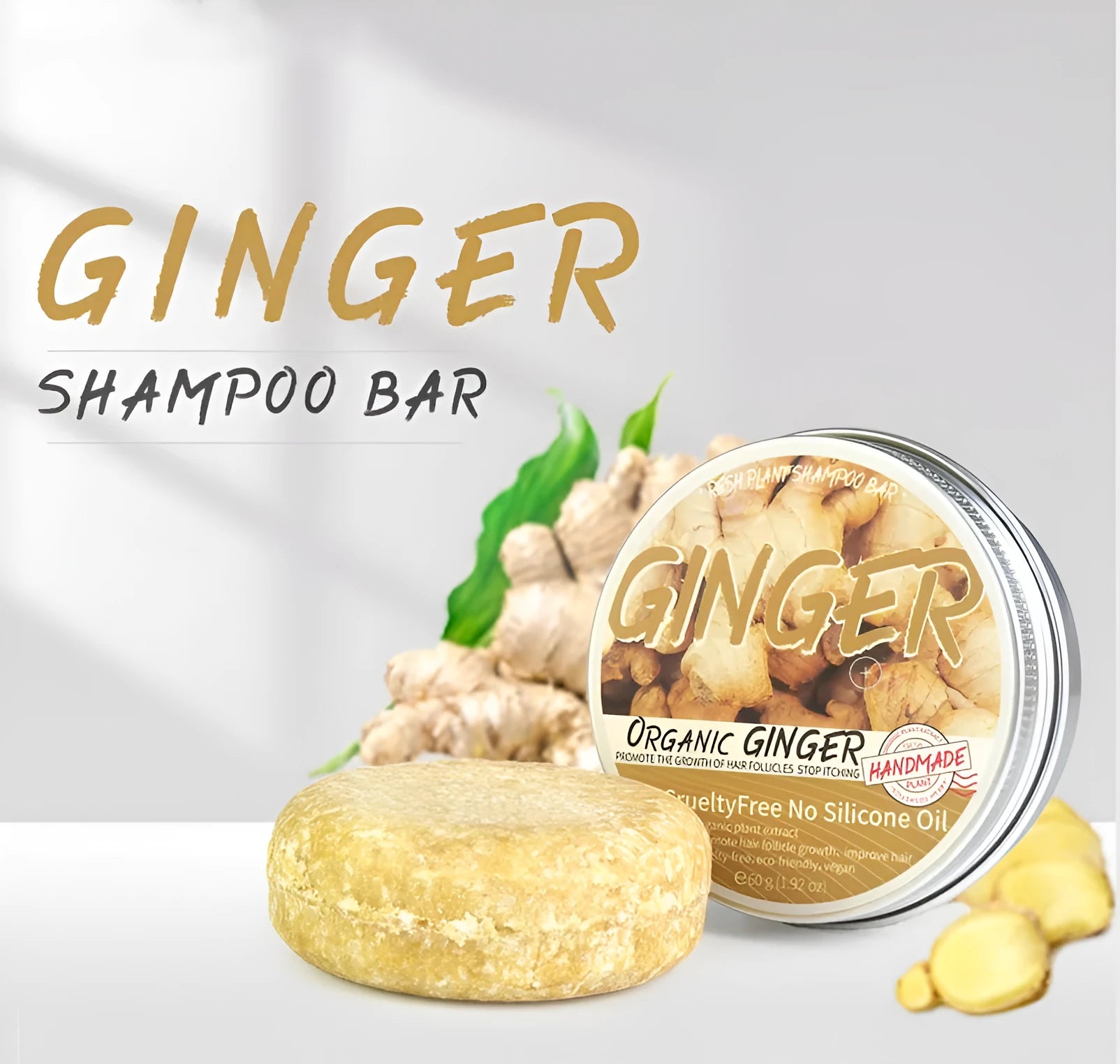 One 60g ginger shampoo soap bar on a neutral background, showing solid bar with ginger specks and anti-dandruff label.