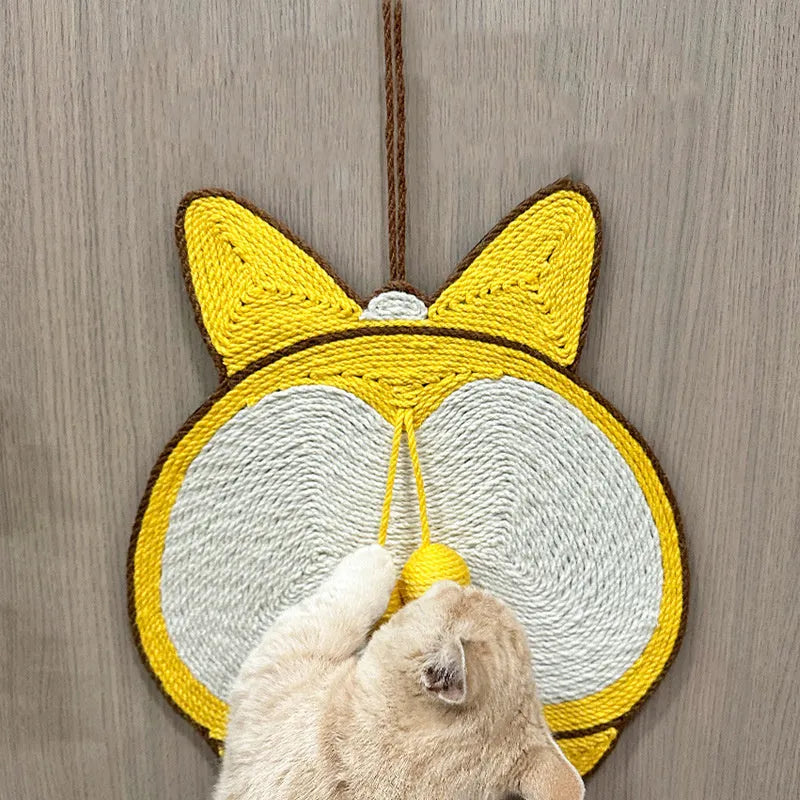 Yellow Corgi butt design sisal cat scratching board with anti-slip base and adhesive hooks